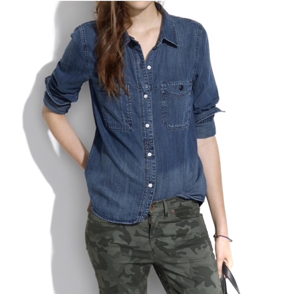 Madewell Denim Boyshirt Campground Wash Shirt Blouse Casual Top Distressed Fall